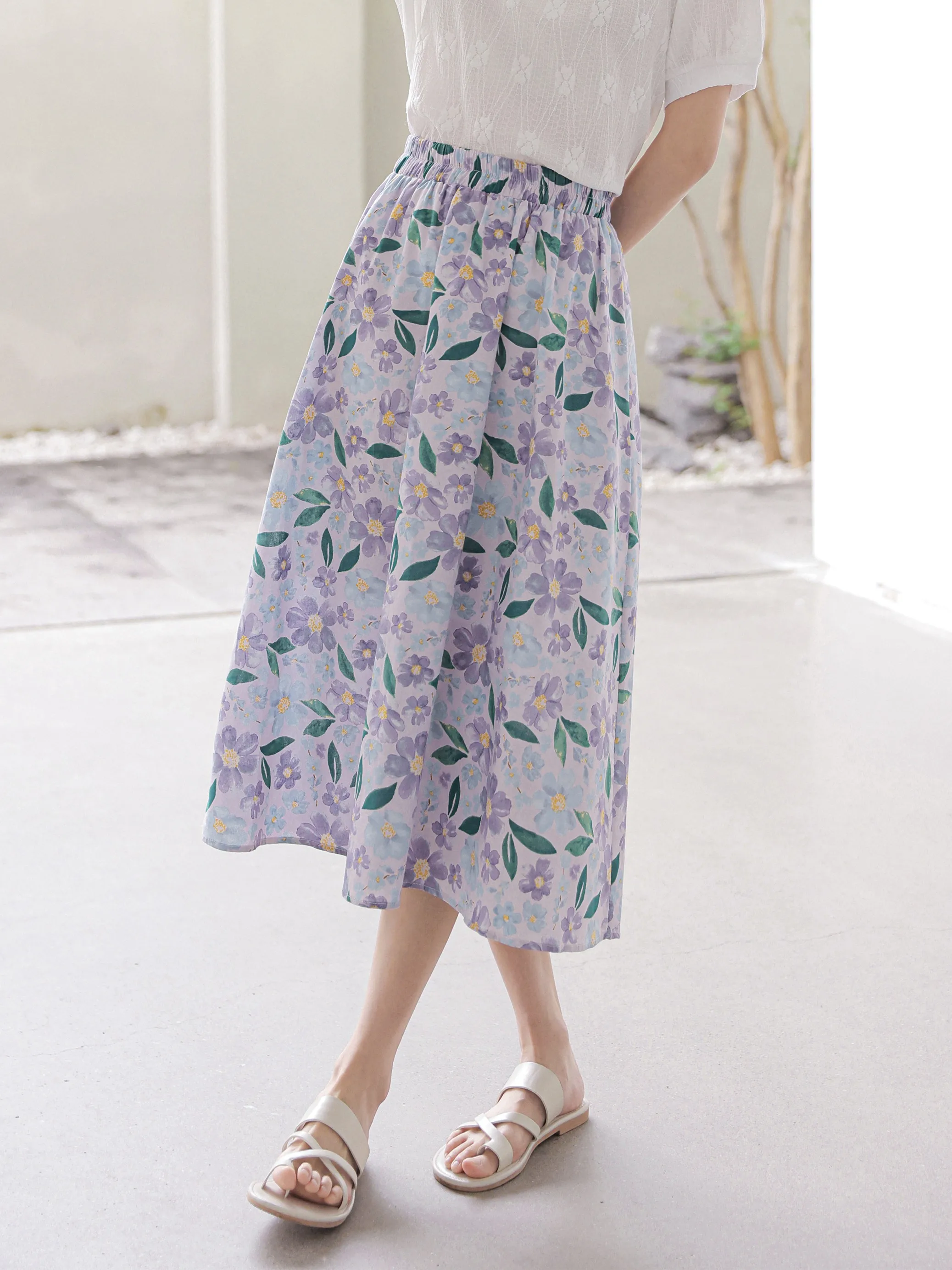 

ZHISILAO Purple Floral Print Skirt Midi Holiday Summer Boho Elastic Waist A-line Skirt 2022