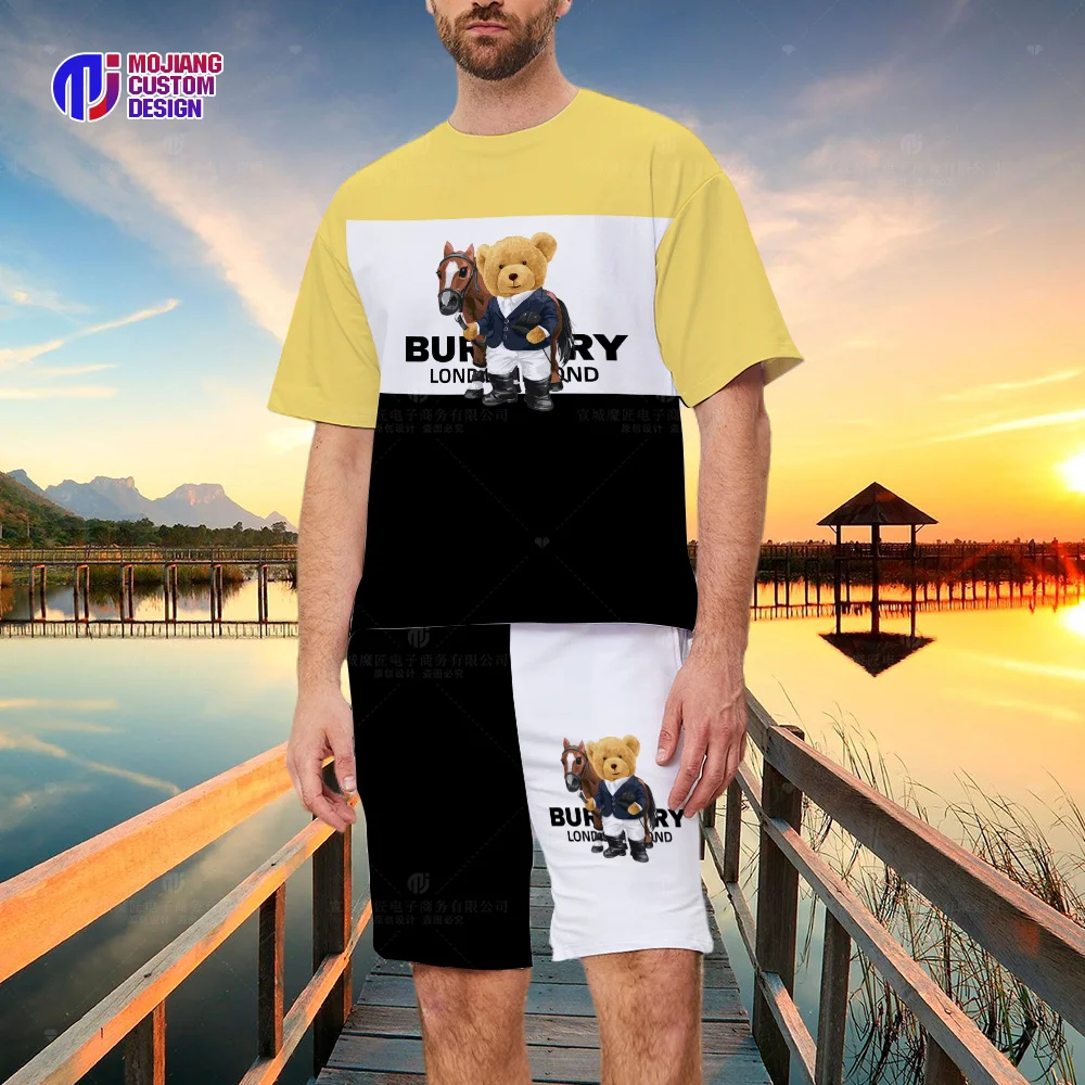 Summer Colorblock T-Shirt and Shorts Set Luxury Brand Short Sleeve Men's T-Shirt Bear Print Top T-Shirt Set of 2