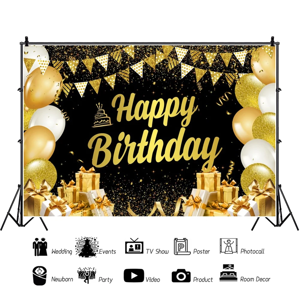 

Gold Glitter Balloon Adult Happy Birthday Photography Backdrop 18 21 30 40 50 60 70th Birthday Party Customize Photo Background