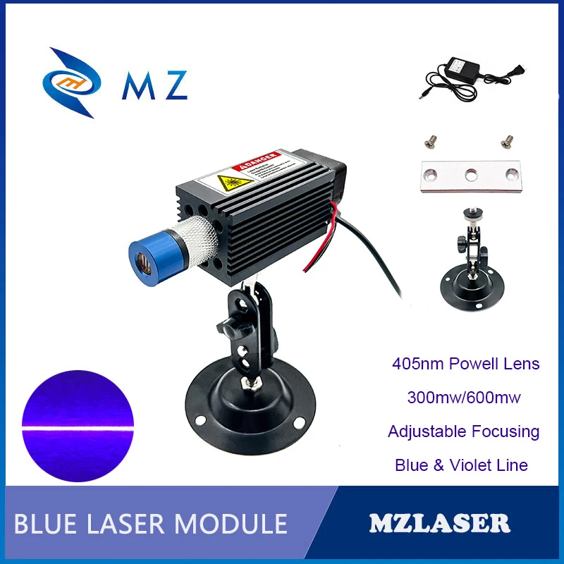 Adjustable Focusable Powell Lens 405nm 300mw 600mw Blue & Violet Line Laser Diode Module With Bracket+Adapter Industrial Grade