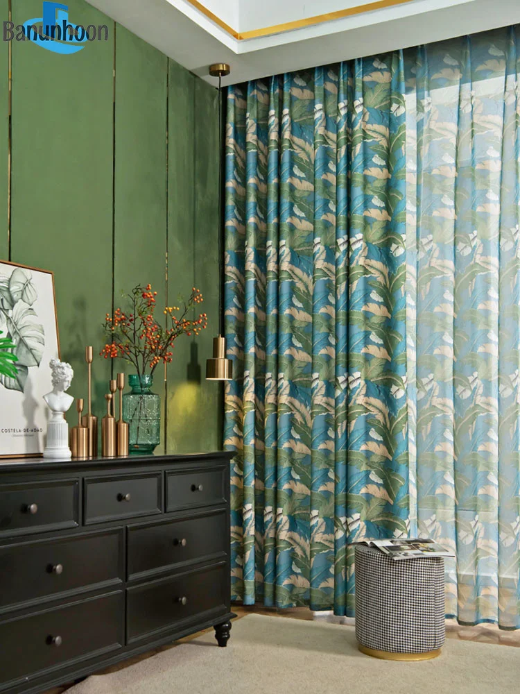 Занавески в американском пасторальном стиле с зеленой ботанией для гостиной