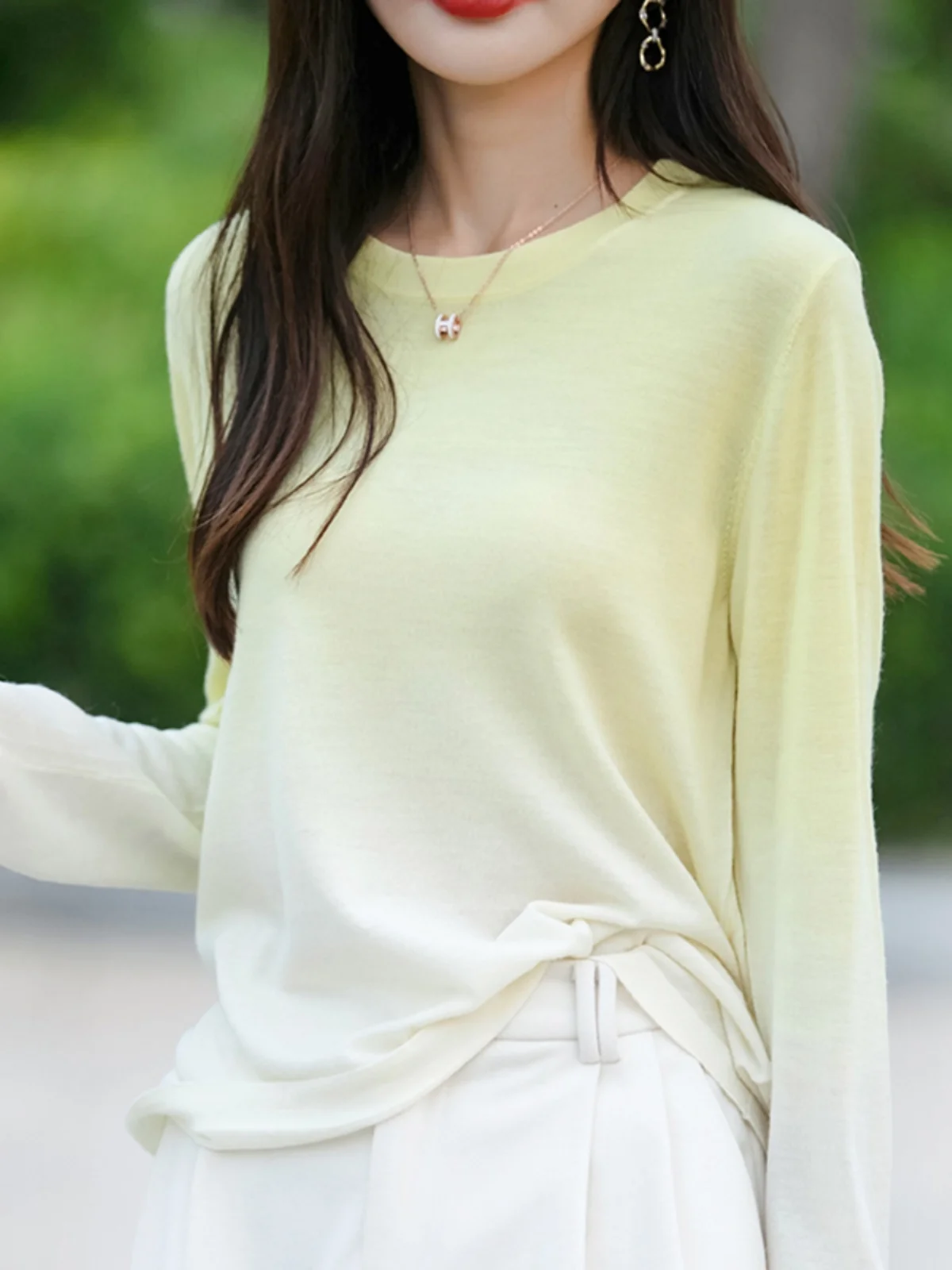 Dopamine Long sleeves Shirt Women Slimming Shoulder Bottoming Thin round Neck Knit Gradient Color Super Nice Sweater