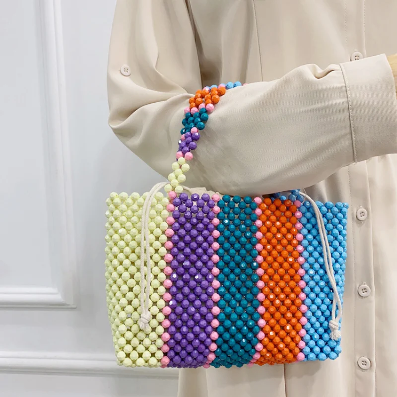 

2023 New сумка из бусин Women's Fashion Retro Rainbow Design Handbag Hand-woven Wood Beads Colorful Tote Bag Sac à Main Femme