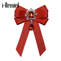 i remiel fashion red ribbon bow brooch rhinestone crystal fabric cloth art luxury wedding dress pins and brooches gift for women