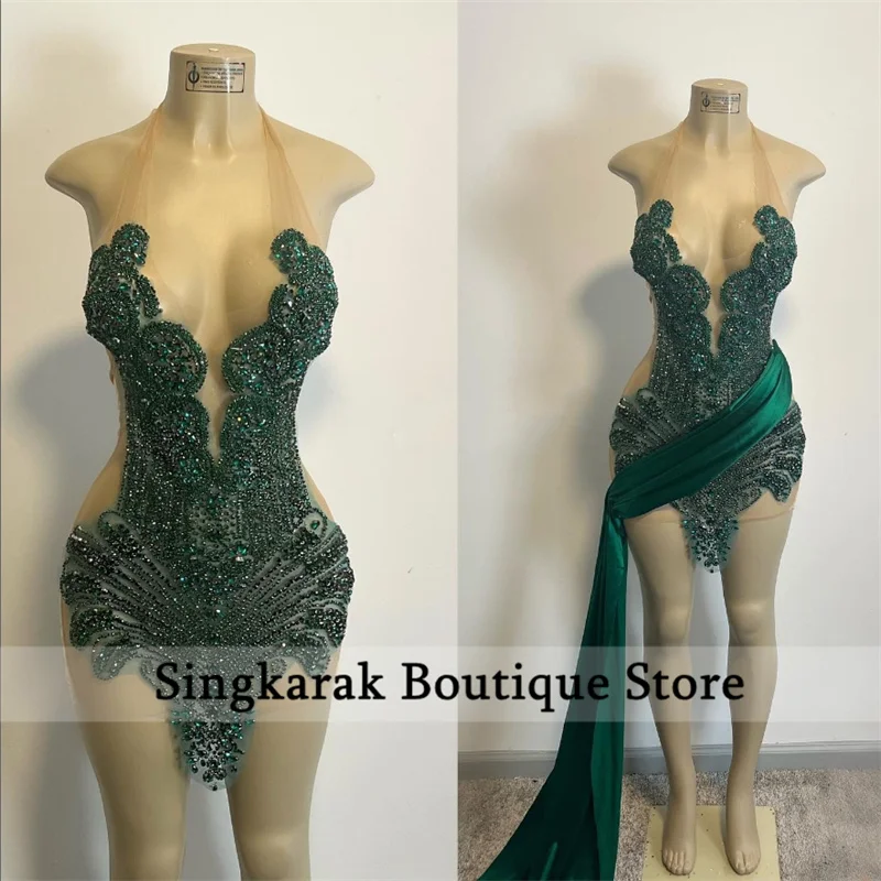 

Sparkly Emerald Green Diamonds Short Prom Dress With Detachable Train Glitter Crystals Rhinestone Beads Cocktail Party Gown Robe