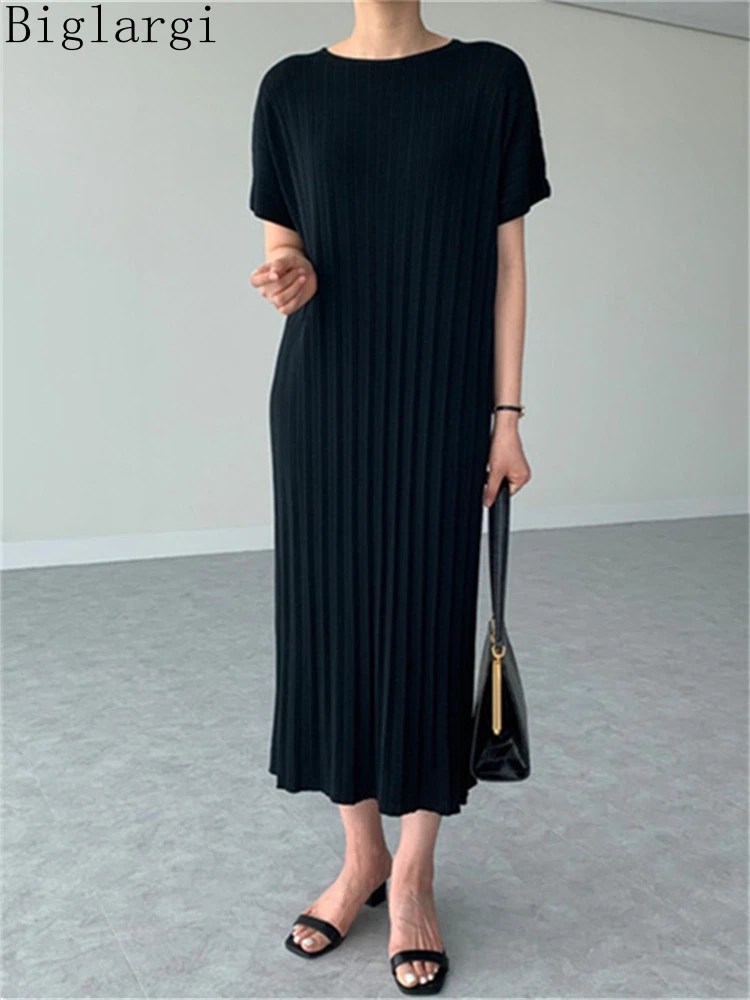 

Летнее вязаное модное женское платье А-силуэта, плиссированное корейское Новое Женское Повседневное платье-пуловер, вязаное Черное женское длинное платье
