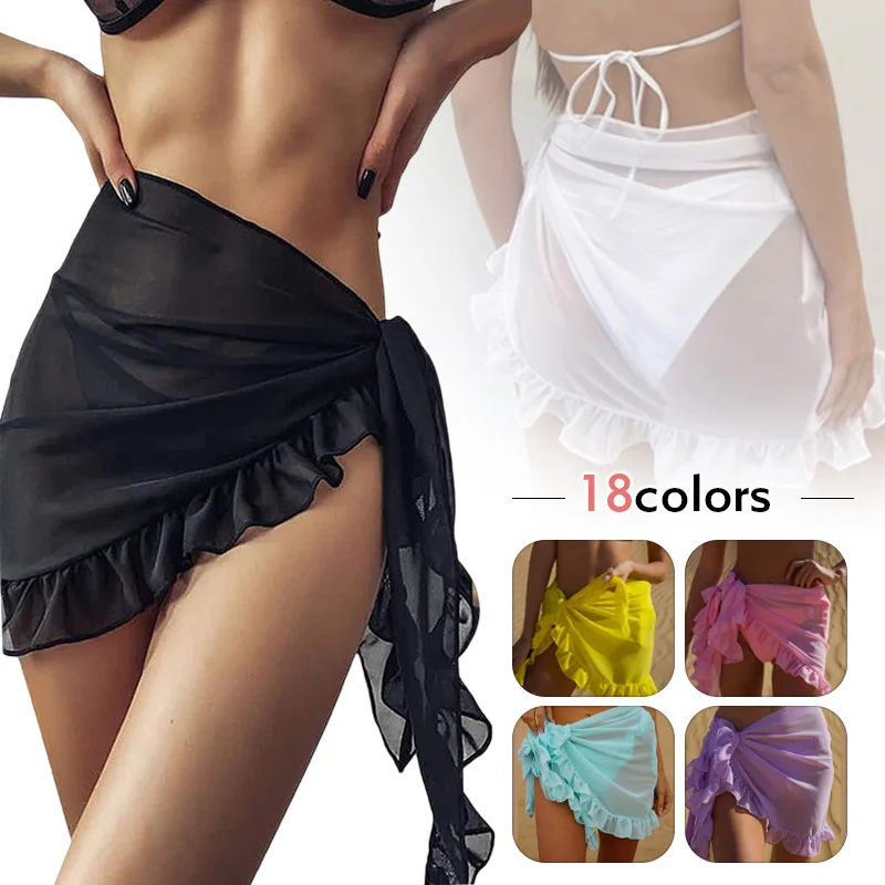 

New Summer 18 Color Beach Skirt Wrap Sarongs Chiffon Swimwear Cover-ups Sexy Sheer Short Skirt Ruffled Scarf Multi-use Beachwear