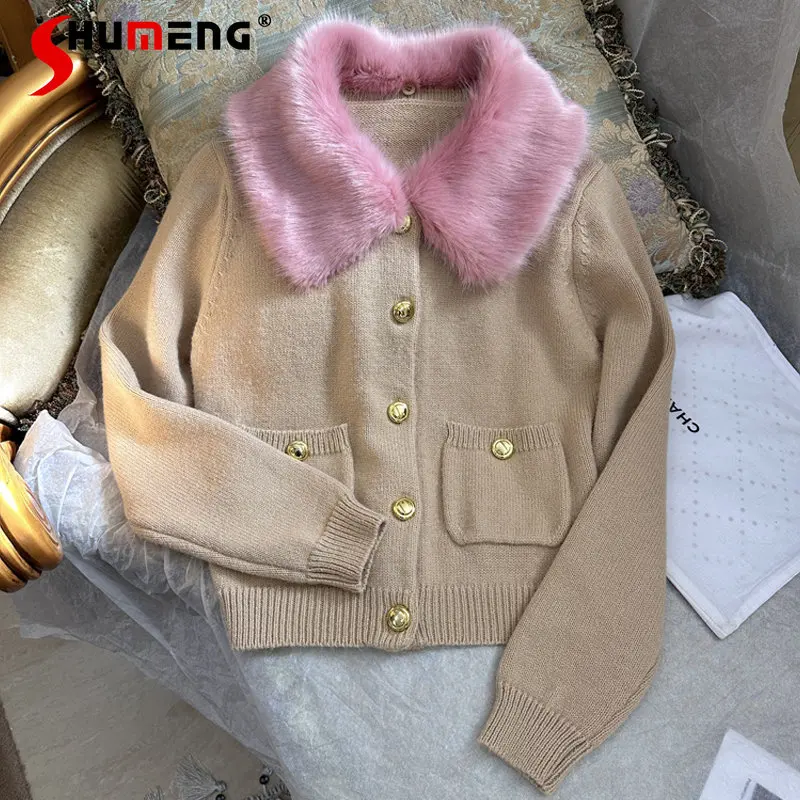 2022 Winter New Women Fashion Elegant Fur Collar Long-Sleeved Sweater Cardigan Coat Ladies Plaid Above Knee Skirt Two-piece Set