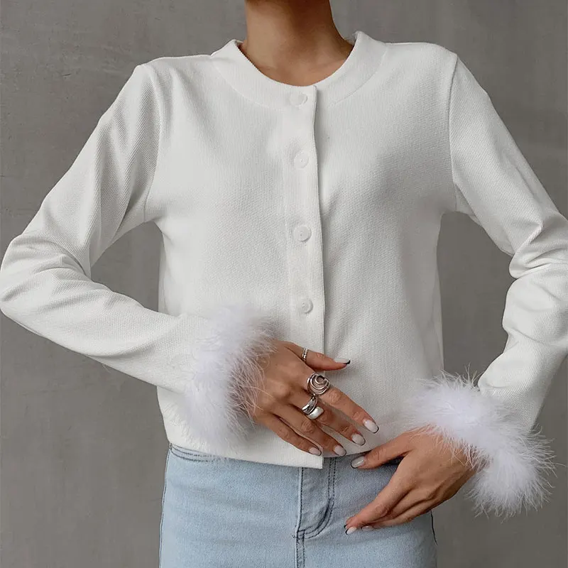 

White Crew-Neck Button-Up Cardigan Long-Sleeved Women's Top With Feather Decoration New Autumn And Winter Commuter Coat