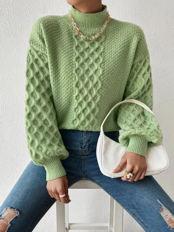

Green Kintted Sweater Women Turtleneck Crochet Pullovers Spring Autumn Winter Casual Sweet Jumper Y2k Top Jumper Streetwear
