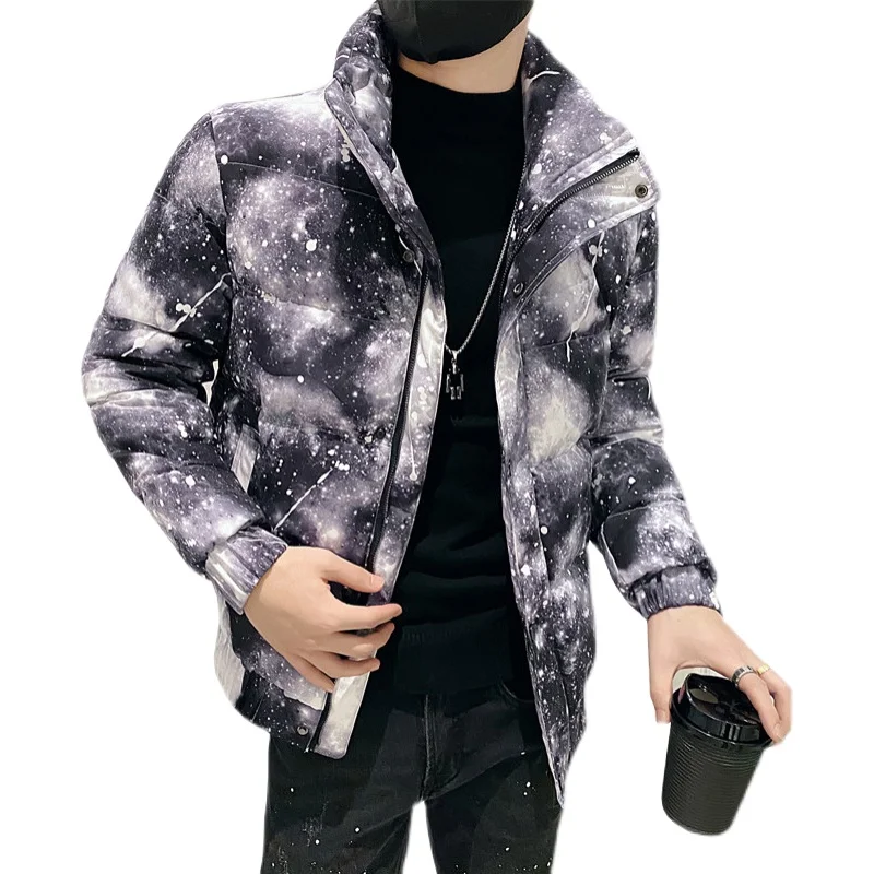 Starry Sky Print Winter Men's Jackets Korean Thicken Warm Casual Parka Jacket Zipper Streetwear Social Overcoat Male Clothing