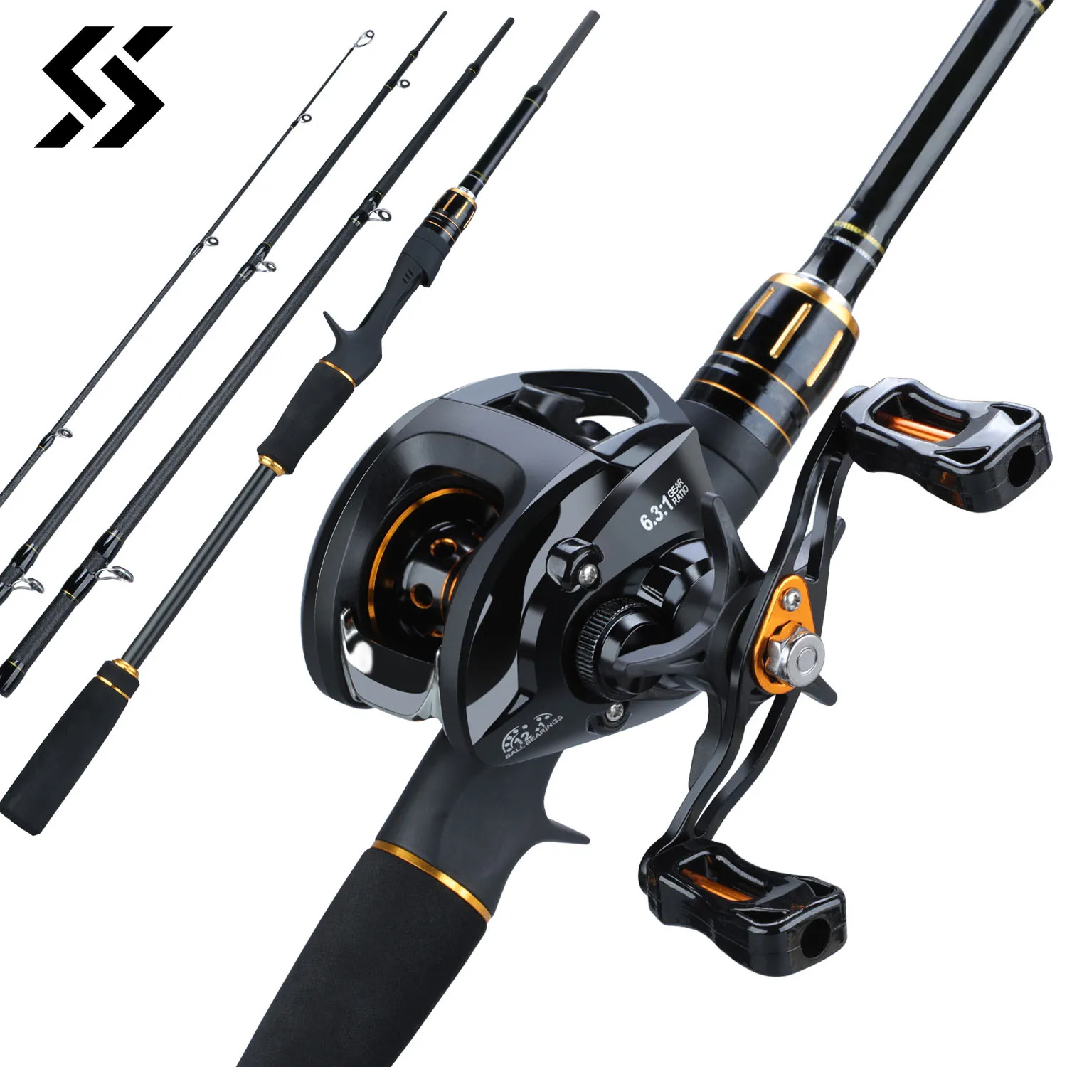 

Sougayilang Casting Fishing Rod Combo 2.1m 4 Sections Carbon Fiber Aluminum Spool Rod and 6.3:1 Gear Ratio Casting Reel Pesca
