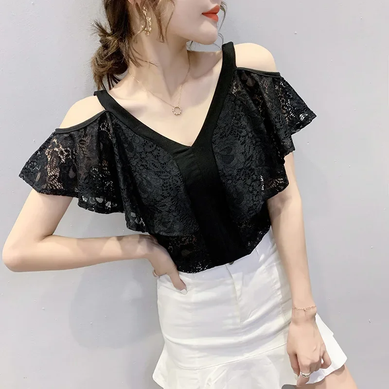 Лето 2023 новая сексуальная кружевная футболка с v-образным вырезом женская