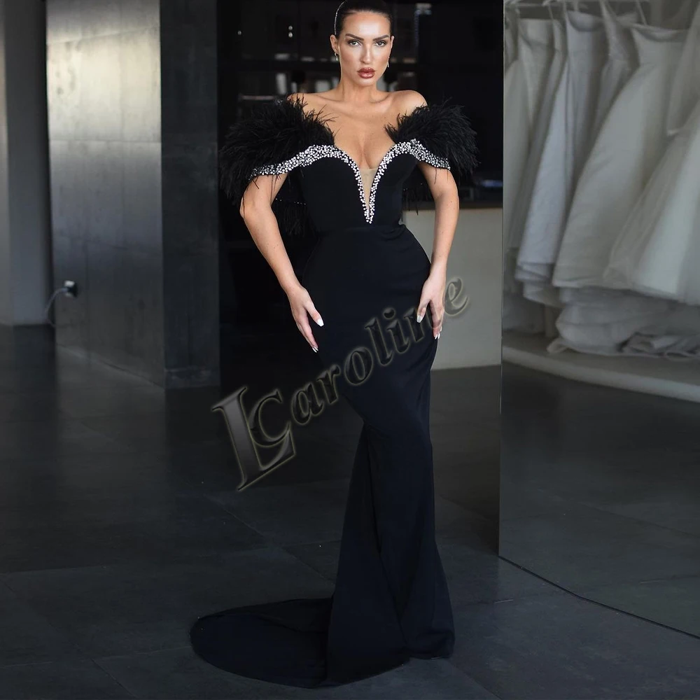 

Caroline Mermaid Feathers Luxury Celebrity Gown Evening Dress Rhinestone V-Neck Off The Shoulder Personalised Vestido De Fiesta