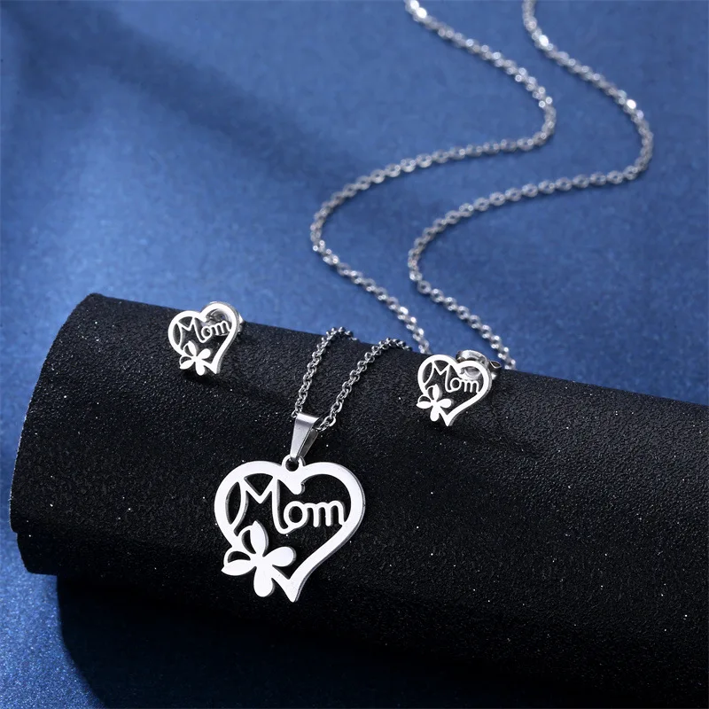 

Rinhoo Mother's Day Jewelry Set Gift Stainless Steel Mama Love Heart Rose Flower Pendant Necklace Earrings Mom Thanksgiving Gift