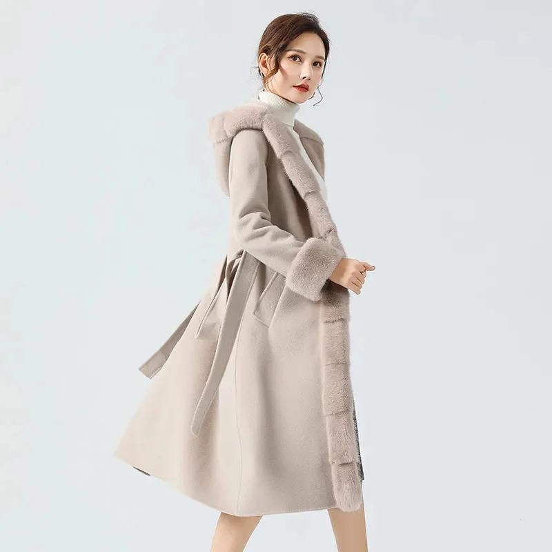 

Fur 2024 New Whole Mink Liner Double-Sided Cashmere Overcoat Female Temperament Mid-Length Woolen Fall Winter Coat