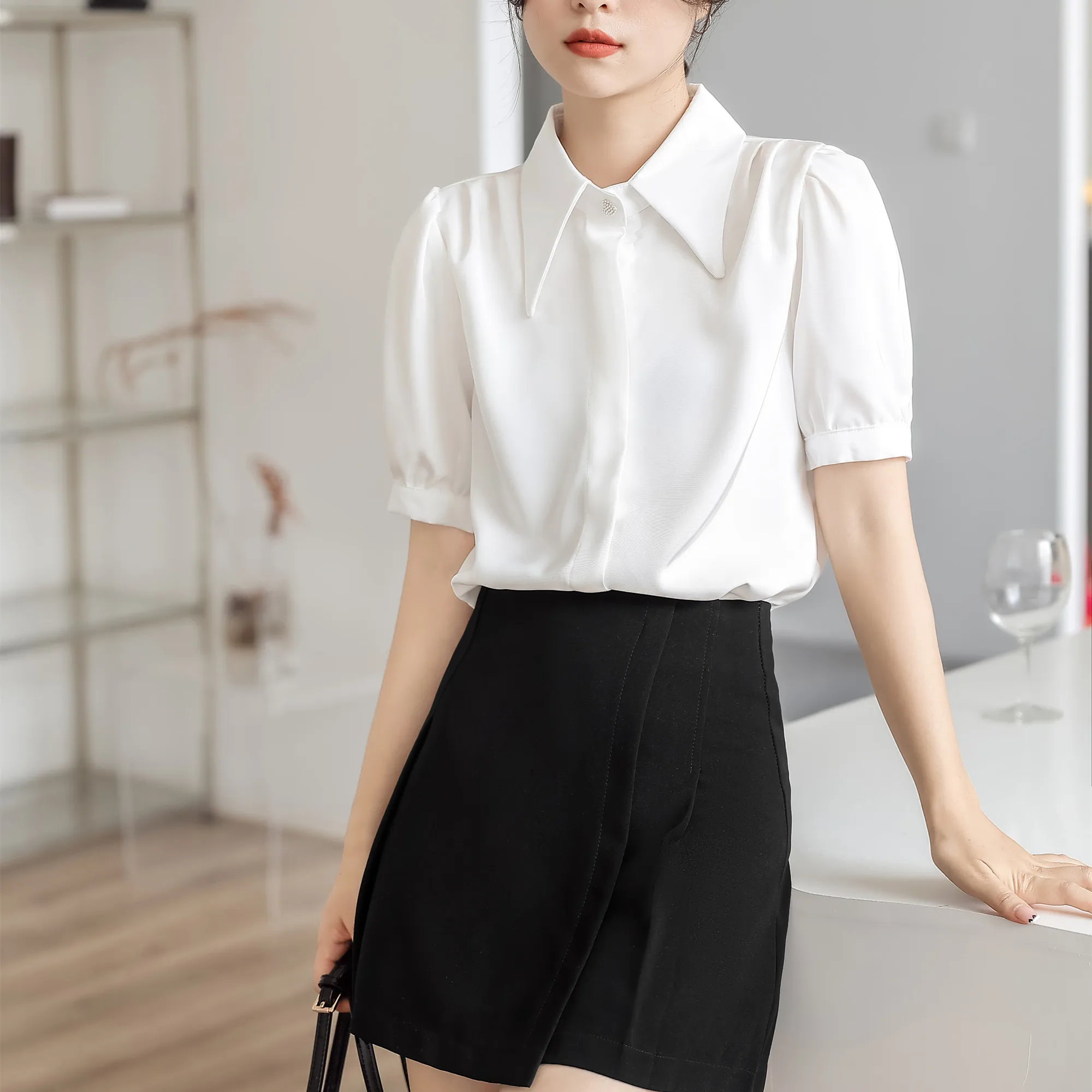 

Solid White Color Chiffon Casual Shirts French Fashion Women Clothing 2022 Summer Button Up Office Lady Tops Short Sleeve Blouse