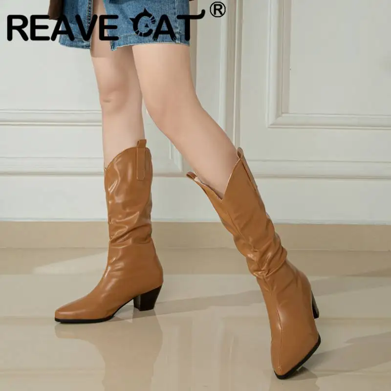 

REAVE CAT Western Boots Ladies 27cm Shaft Pointed Toe Slip-on Chunky Heels 5cm Pleated Big Size 34-47 Winter Autumn Shoes S4247