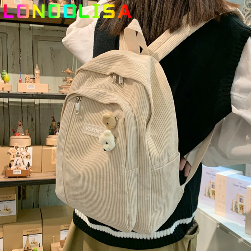 

Cute Stripe Corduroy Woman Backpack Schoolbag for Teenager Girls Harajuku Style Female Fashion Rucksack Student Lady Book Packs