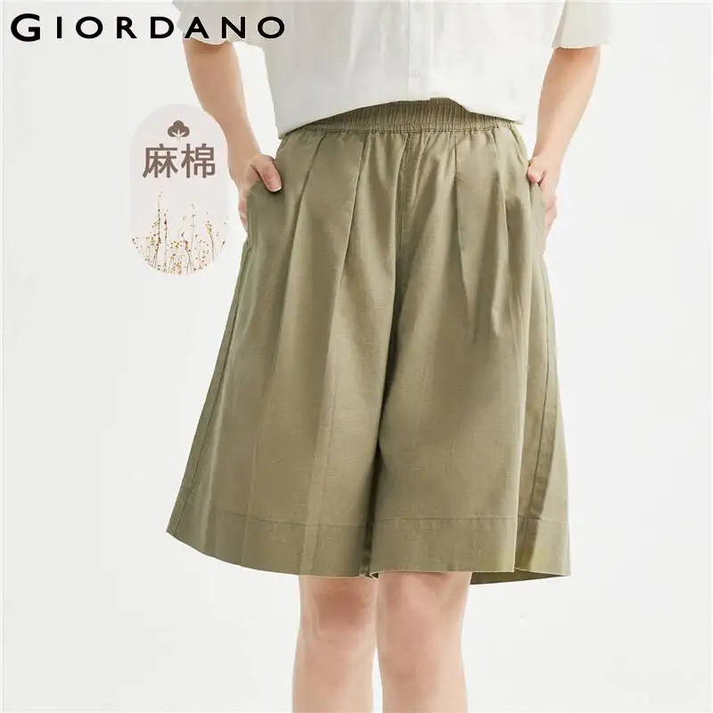 GIORDANO Women Shorts Linen Cotton Comfort Lightweight Skorts Elastic Waist Loose Summer Fashion Casual Pleated Shorts 05403320