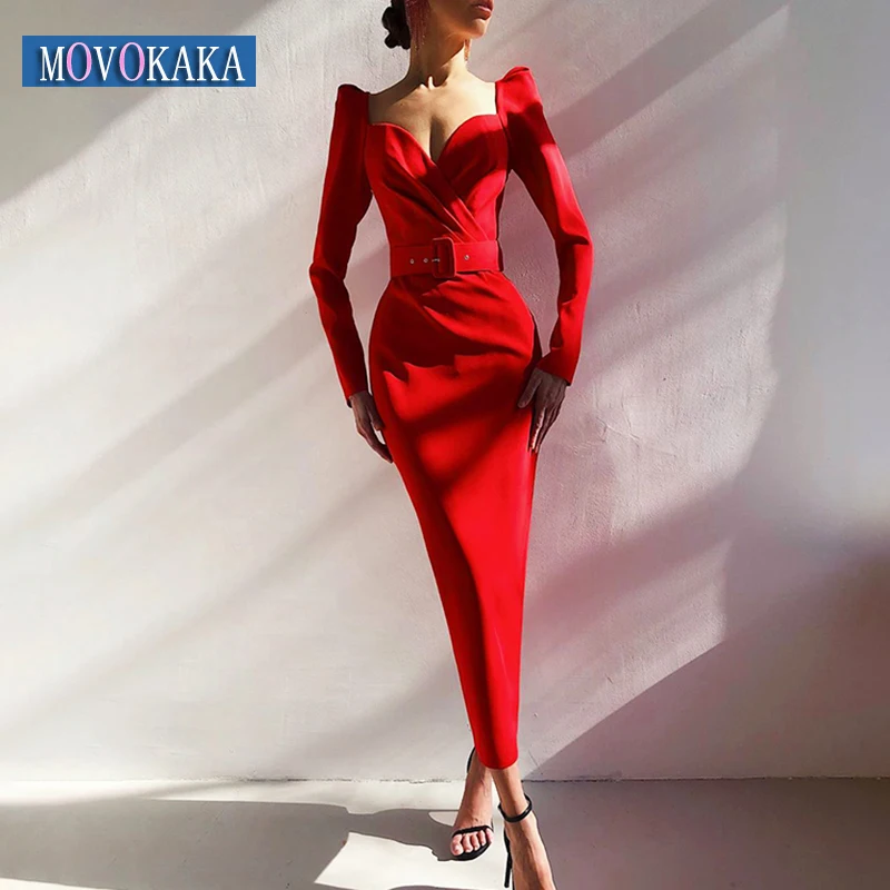 

MOVOKAKA Woman Bridesmaid Slim Dress Party Elegant Long Sleeved V Neck Vestids Solid Office Lady Midi Calf Pencil Dresses Casual