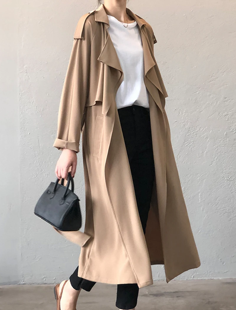 Женская Длинная ветровка с отложным воротником однотонная свободная офисная