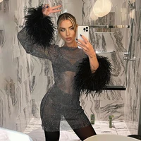 2022 feather fine flash mesh dress summer spring and autumn new fashion trend sexy nightclub style womens dress short skirt