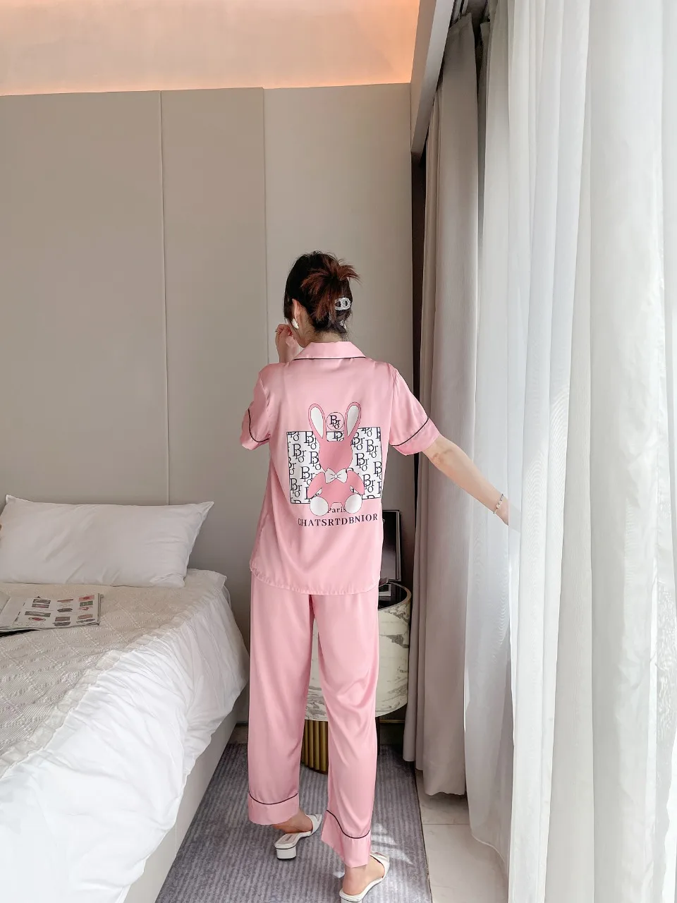 [Women's pajamas] [high-quality]2023 New Ice Silk Pajamas Women's Korean Short Sleeve Long Pants Set Cardigan Ice Silk Home Fur