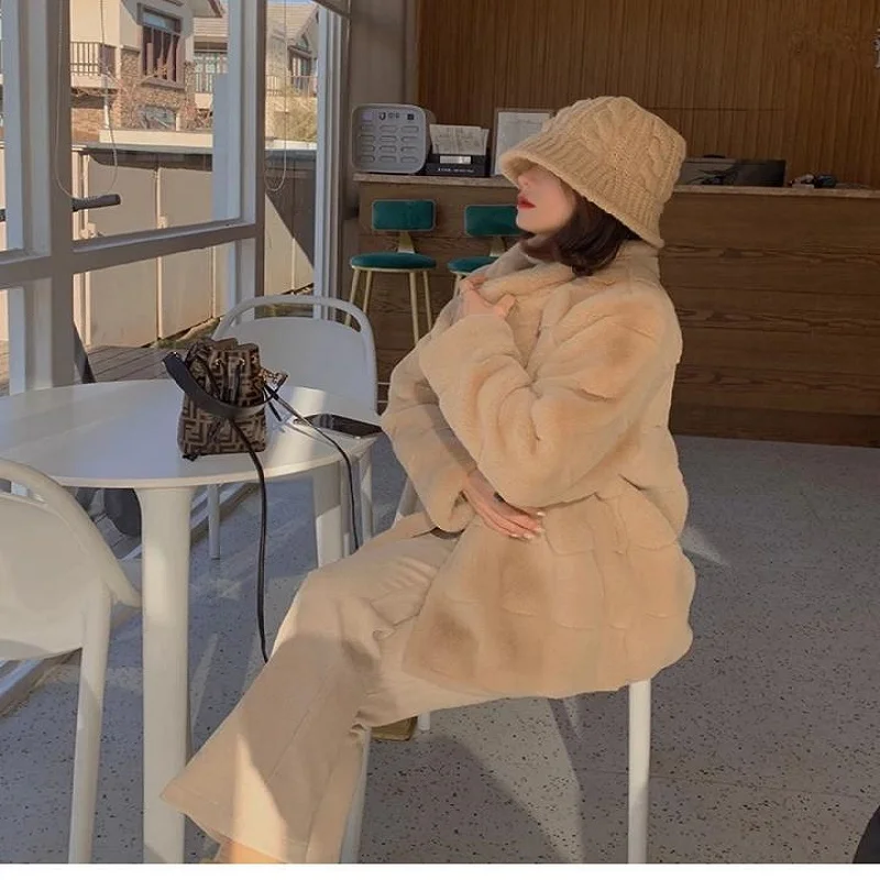 Winter 2023 Soft Furry Overcoat New Women Faux Fur Coats Gradient Mink Turn-down Collar Stripe Clothes Warm Thicken Long Jacket