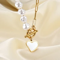 light luxury shell love imitation pearl stitching stainless steel necklace female summer niche design collarbone chain