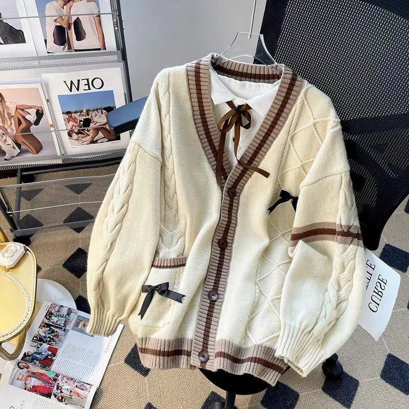 Осенняя Женская одежда студенческий вязаный кардиган в стиле колледжа топы