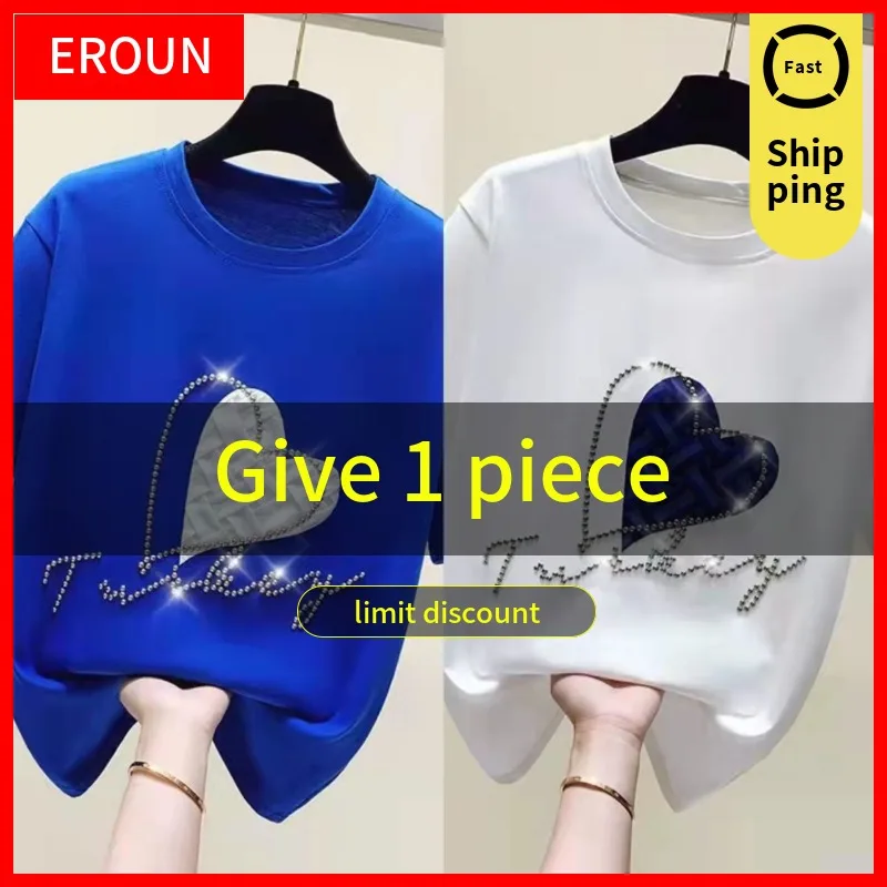 

Summer New 2023 T Shirt Women Klein Blue Pure Cotton With Diamond Luxury Designer Loose Oversized Tops Women Clothes 2 Pieces