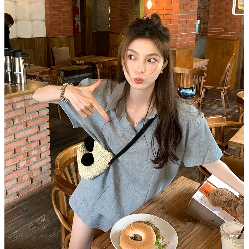 

Polo collar temperament gray short-sleeved T-shirt suit summer new fashion loose casual top women's two-piece set