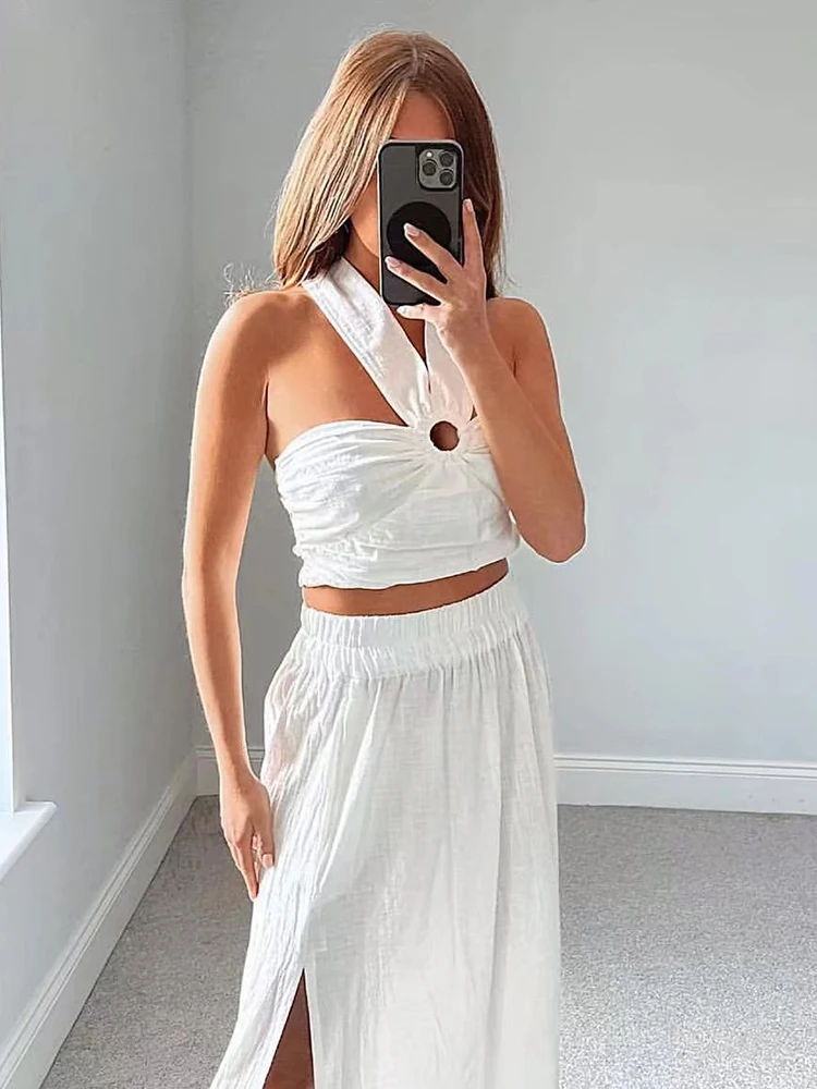 

Sexy Fashion Pleated Crop Tank Tops Women Vintage Halter Neck Backless Side Elastic Thin Straps Female Camis