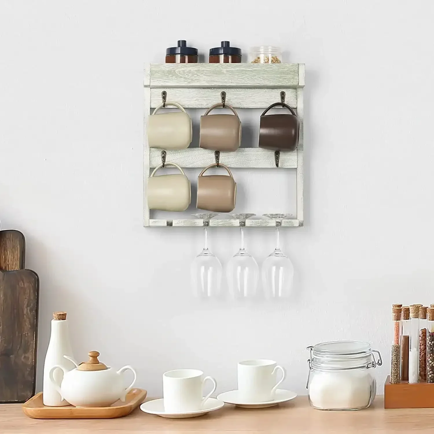 

G настенный Стеллаж Для Хранения Винных Бокалов и кофейных кружек с 6 металлическими крючками, серый, зеленый