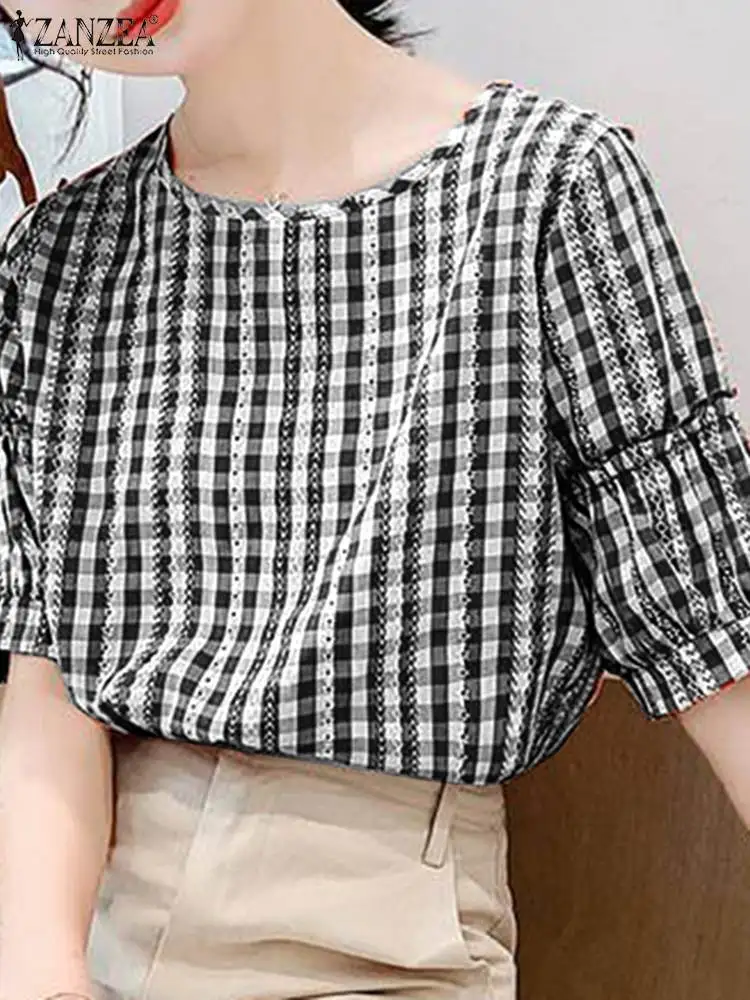 Летняя Блузка ZANZEA женские элегантные топы в клетку с рукавами-фонариками