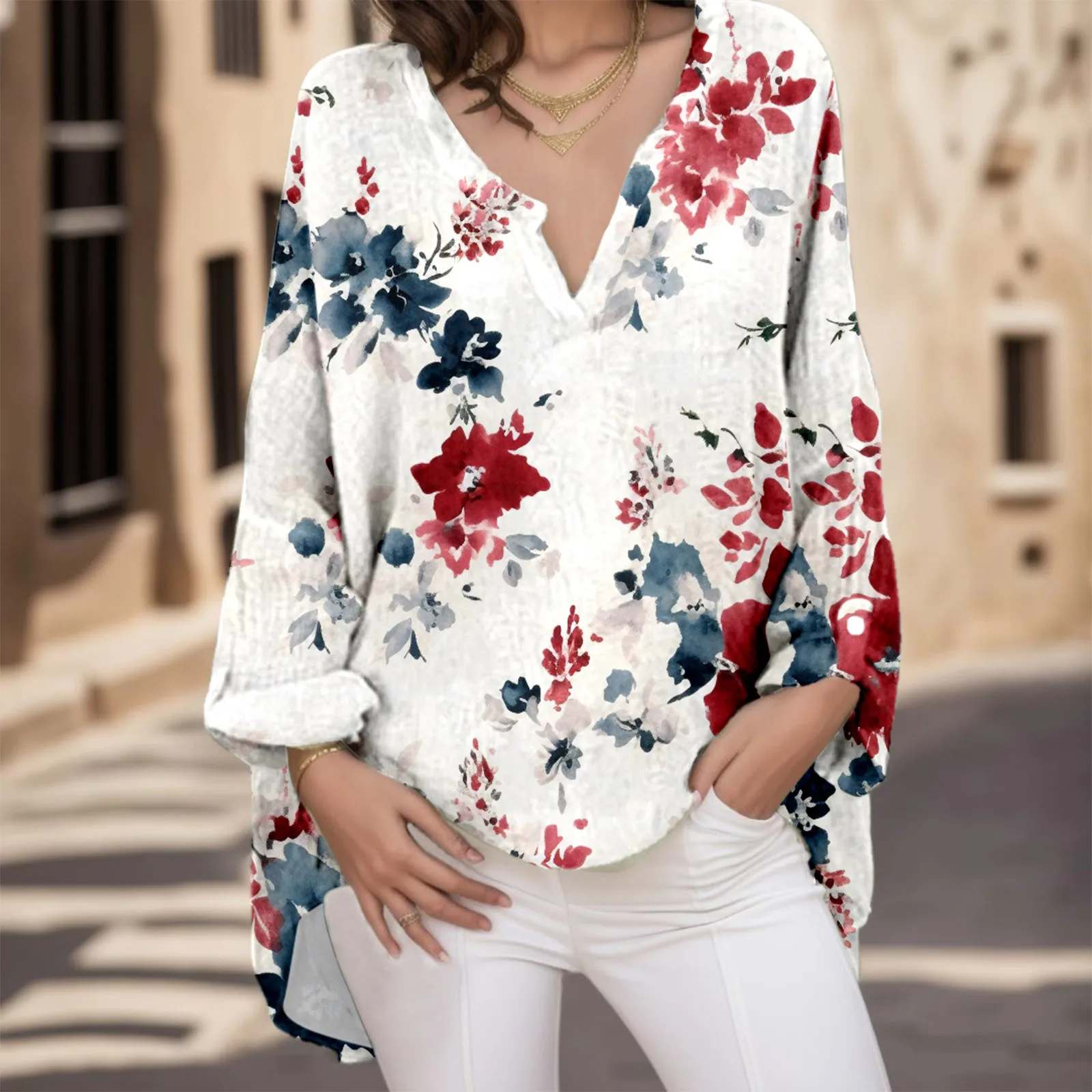 

Oversize Shirts Women Casual V Neck Flower Print Button V-Neck Long Tshirt Top Long Sleeve Blouse Bohemian Vintage Outfits 2023
