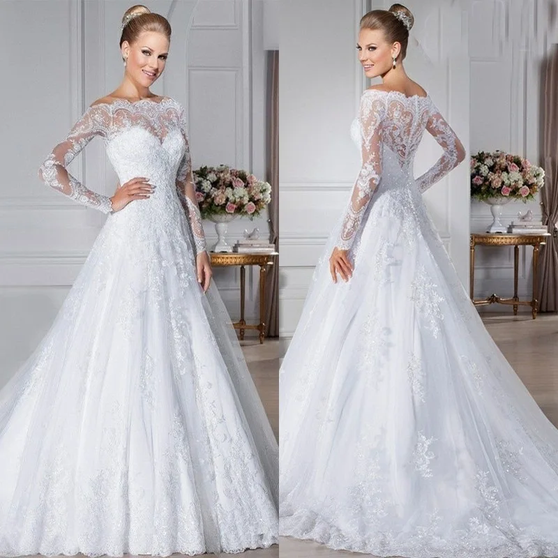 

Europe and the United States lace 2022 new shoulder A level long sleeve custom sexy noble elegant party wedding dress bride