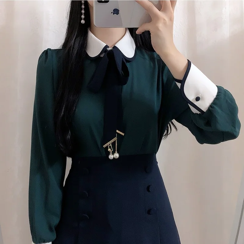 2022 Brand New Women Cute Shirt Peter Pan Collar Bowtie Pearl Womens Tops and Blouses High Quality Long Sleeve Blusas Mujer