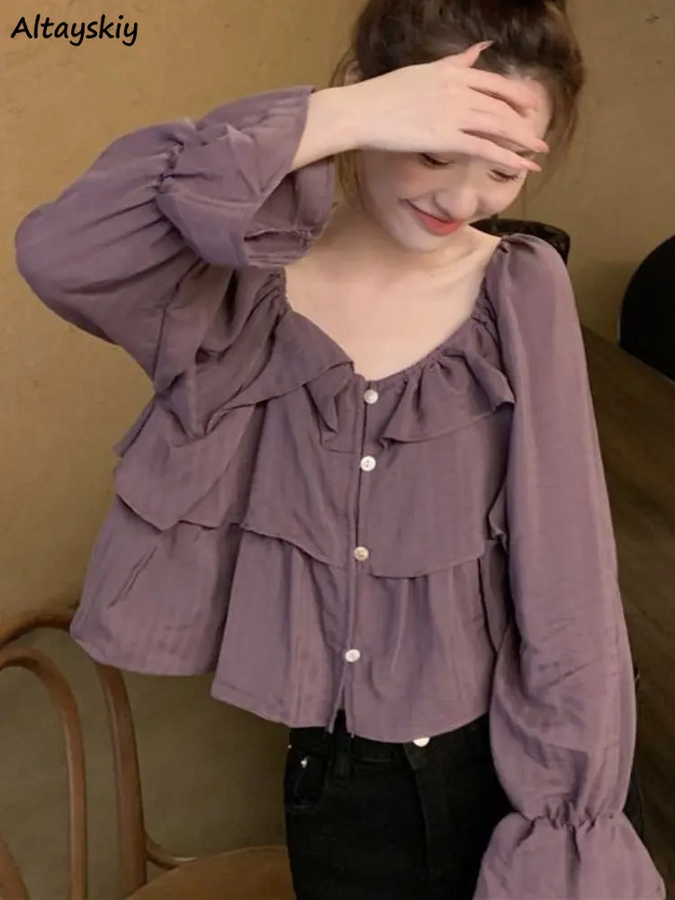 

Sweet Shirts Women Ruffles Ins Purple Loose Korean Style Flare Sleeve Crop Tops Casual Vintage Kawaii Girls New Camisas De Mujer