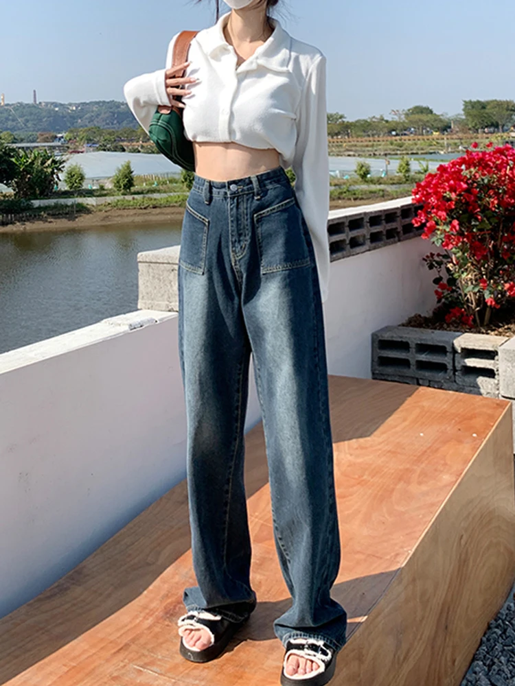

TIGENA Vintage X-long Jeans Women 2022 New Preppy Style Pockets Loose Wide Leg Straight Denim Pants Female Trousers Baggy Jeans