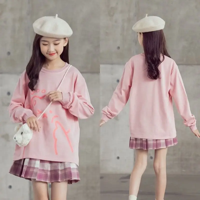 

Girls Autumn Skirt Set 2023 New Korean Children Cartoon Long Sleeve +Short Skirt 2Pcs Suits Kids College Style Sweater Outfits