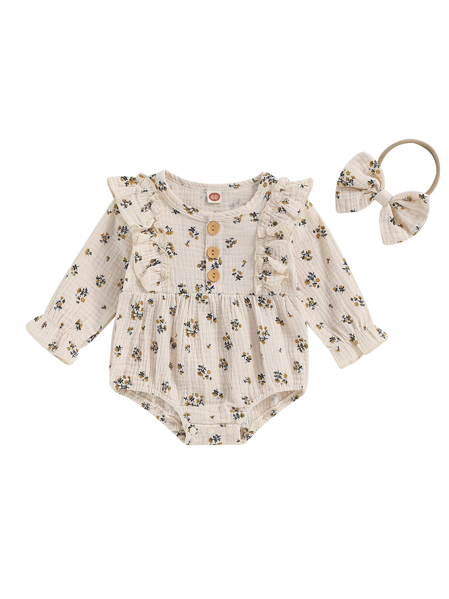 

Baby Girls Floral Print Romper with Headband - Cozy and Stylish Fall Casual Outfit for Newborn Princesses