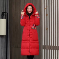 new long winter parkas jackets women embroidery floral print womens coat hooded single breasted thick parka female jacket