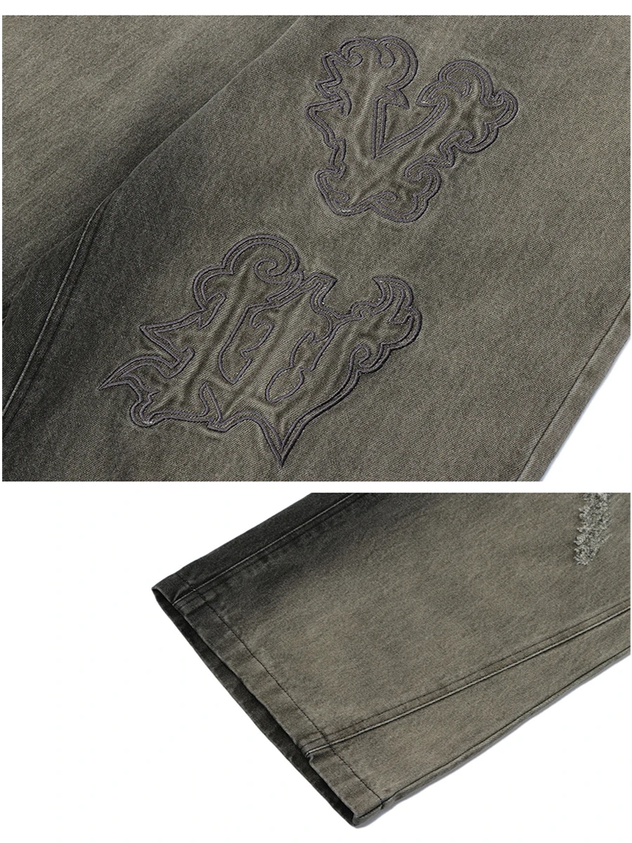 Four Seasons Men's Jeans Tie Dye Ripped Hip Hop Street Letters Embroidery Straight Wide Leg Pants Streetwear Ins Hot Sale JEANS