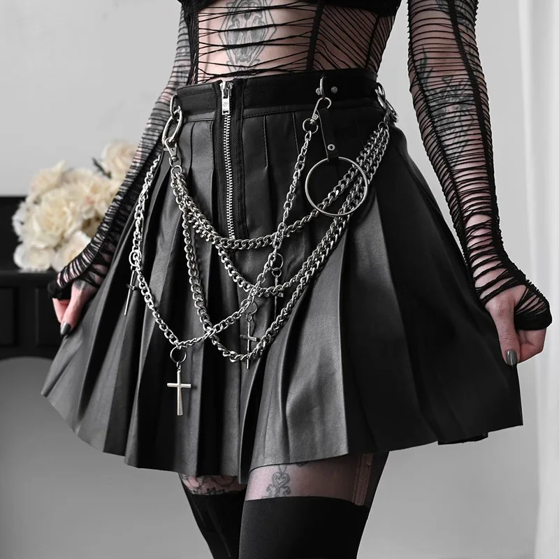 

Punk Chains PU Leather Skirts Women’s Fashion Pleated Short Skirts Solid Color High Waist A-line Skirts Streetwear Girls Clothes