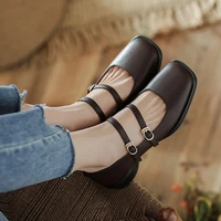 double buckle real leather womens mary janes shoes square low heels shallow ladies pumps spring new woman wedding shoes handmade