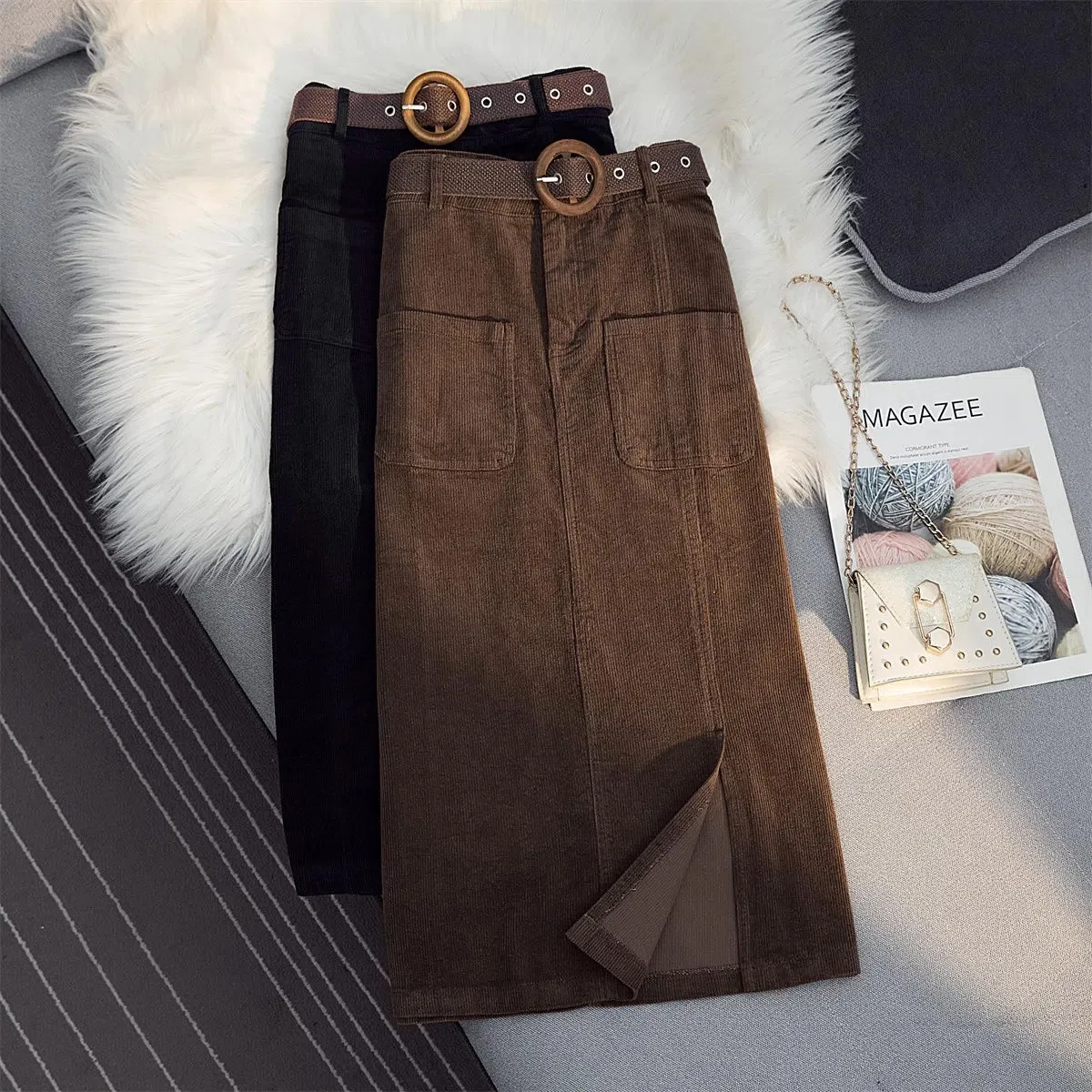 

2022 winter new women vintage corduroy skirt Fashion High Waist Slit A-line long skirts Female casual midi skirt with belt