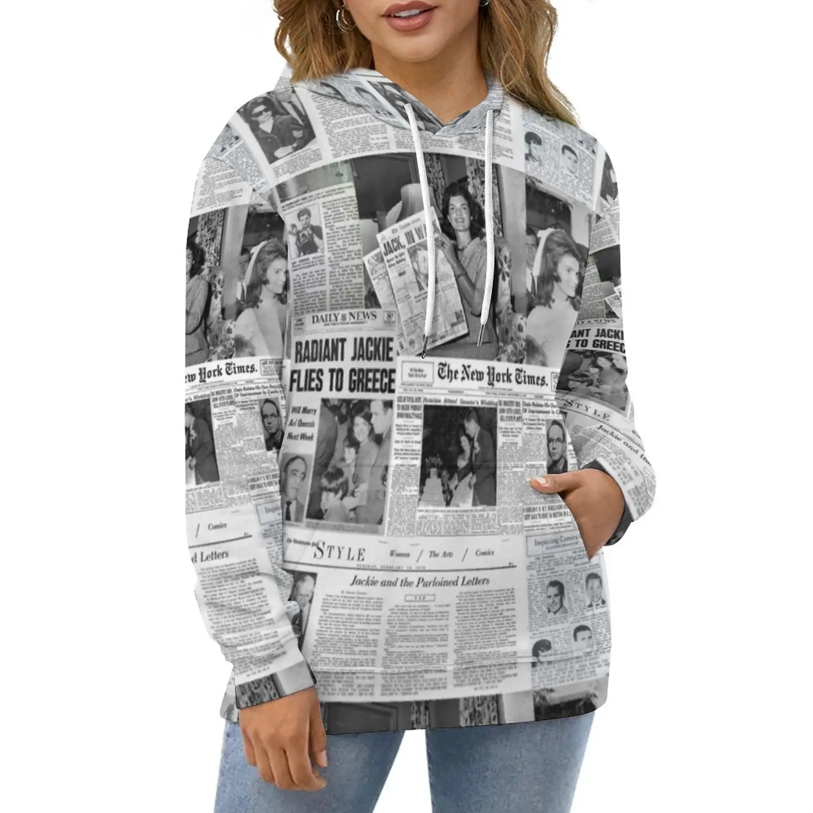 

Newspaper Collage Hoodies Winter Jackie Kennedy Hip Hop Oversize Hoodie Long Sleeve Aesthetic Design Casual Hooded Sweatshirts