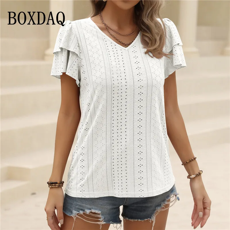 

New Summer Women Blouses 2023 Fashion White Ruffled V-Neck Hollow-Out Short-Sleeve Shirts Loose Casual Women Clothes Female Tops